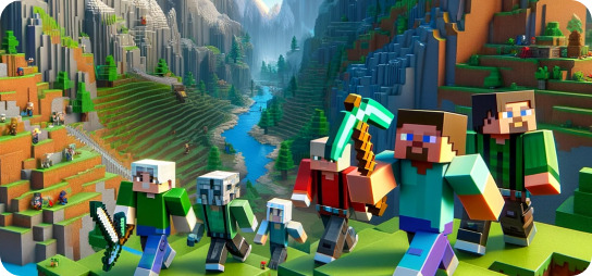 Minecraft-style characters in a 3D-rendered, mountainous landscape.